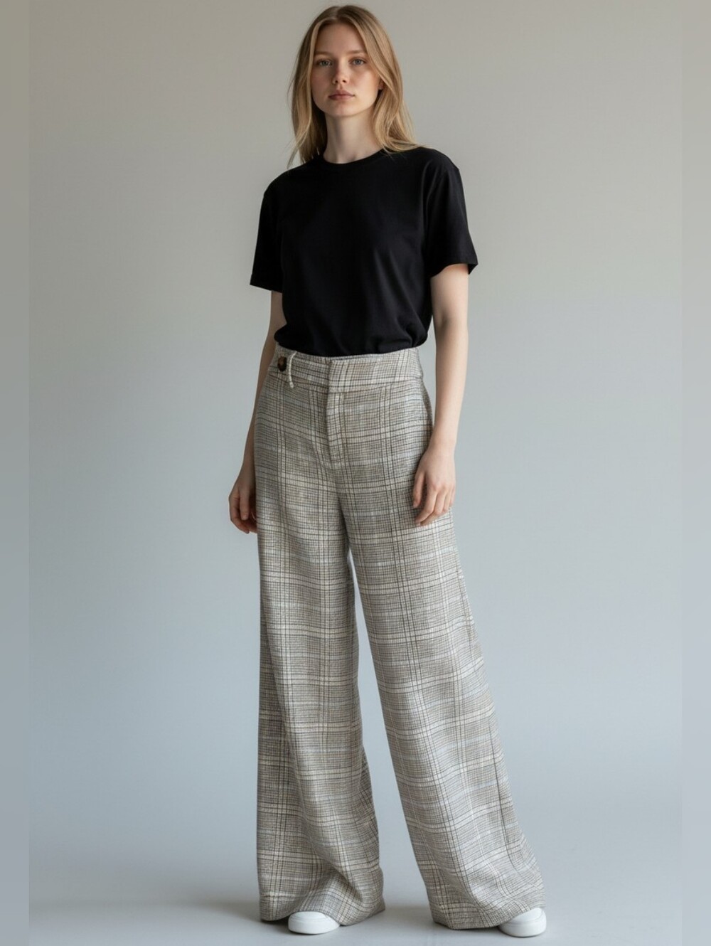 Maeve by Anthropologie Wide Leg Plaid Dress Pants Sz 2 Beige Blue Houndstooth